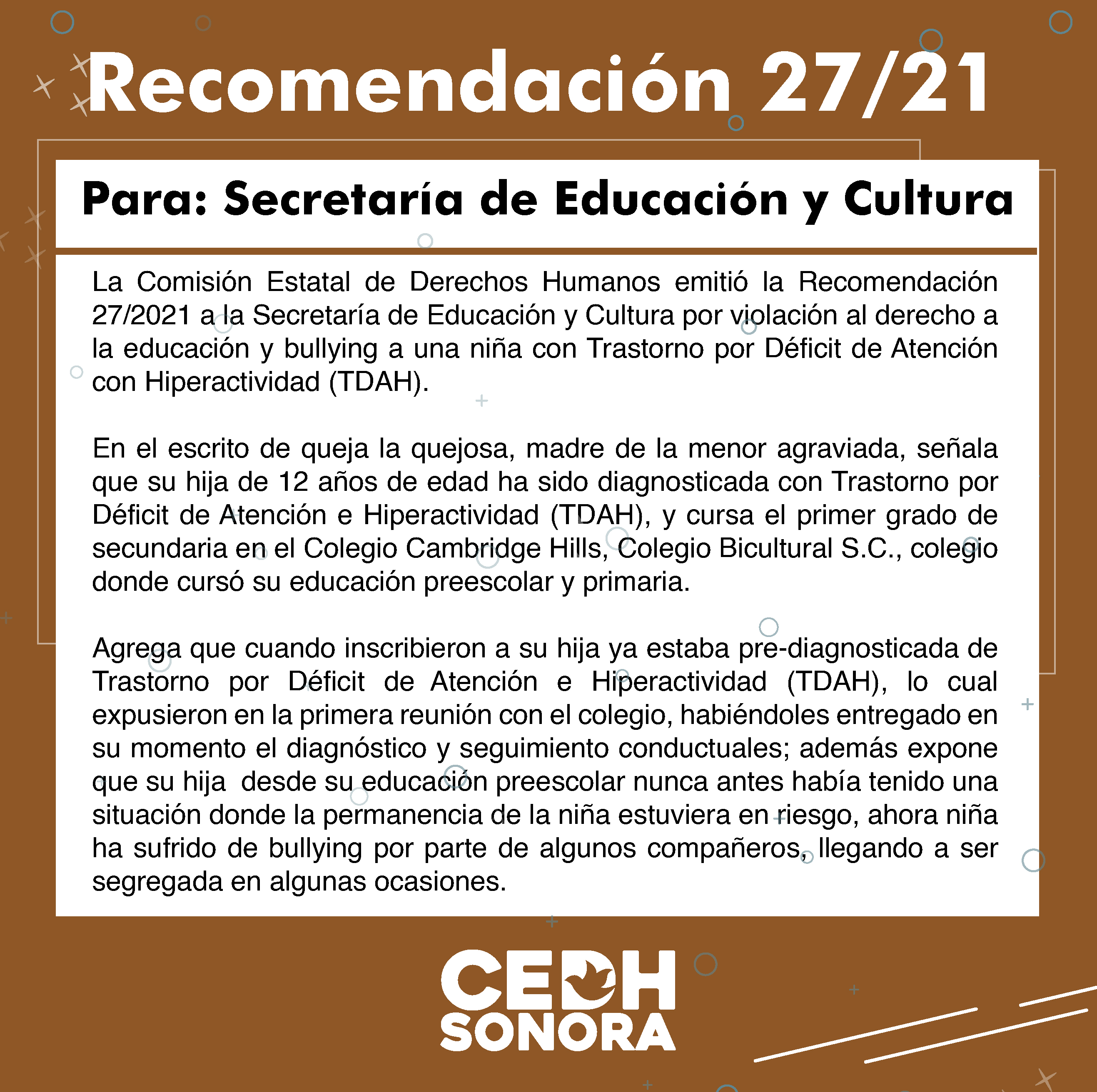 Emite CEDH Recomendación 27/2021 a la Secretaría de Educación y Cultura